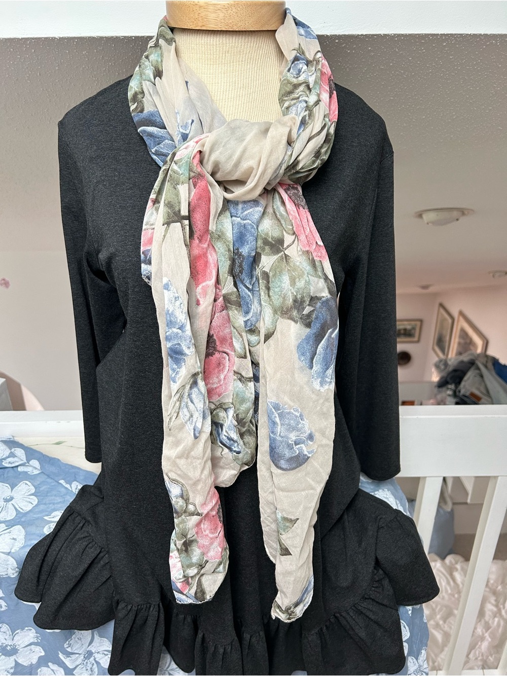 Floral Print Lightweight Scarf in Neutral, Pink & Blue